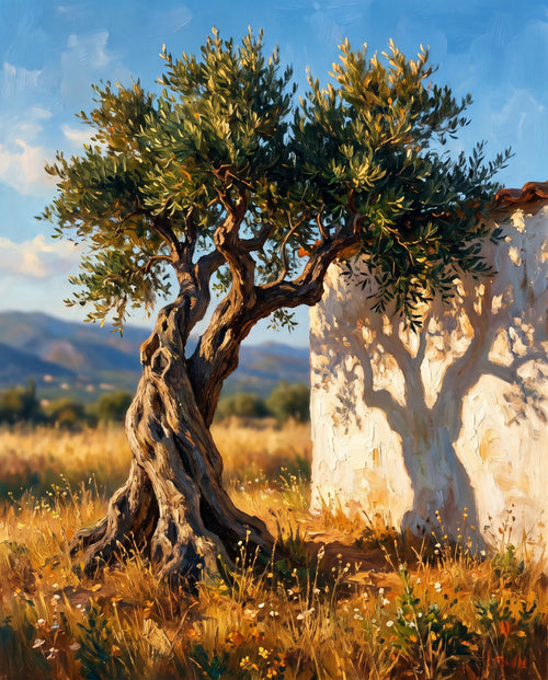 Olive tree painting — Lakonia-inspired brand imagery, placeholder until real product photography is ready